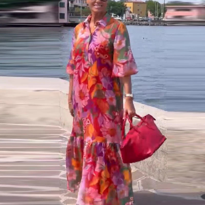 Plus Size Dress Women Turn Down Colloar Flower Printed Long Dress Boho Beach Holidyay Dresses For Women Casual Half Sleeve Loose