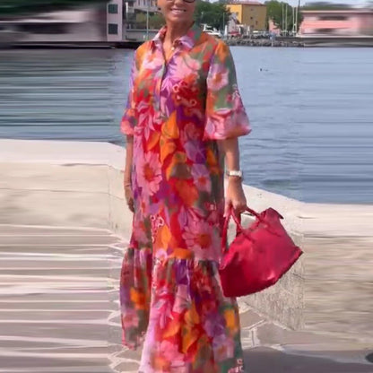 Plus Size Dress Women Turn Down Colloar Flower Printed Long Dress Boho Beach Holidyay Dresses For Women Casual Half Sleeve Loose