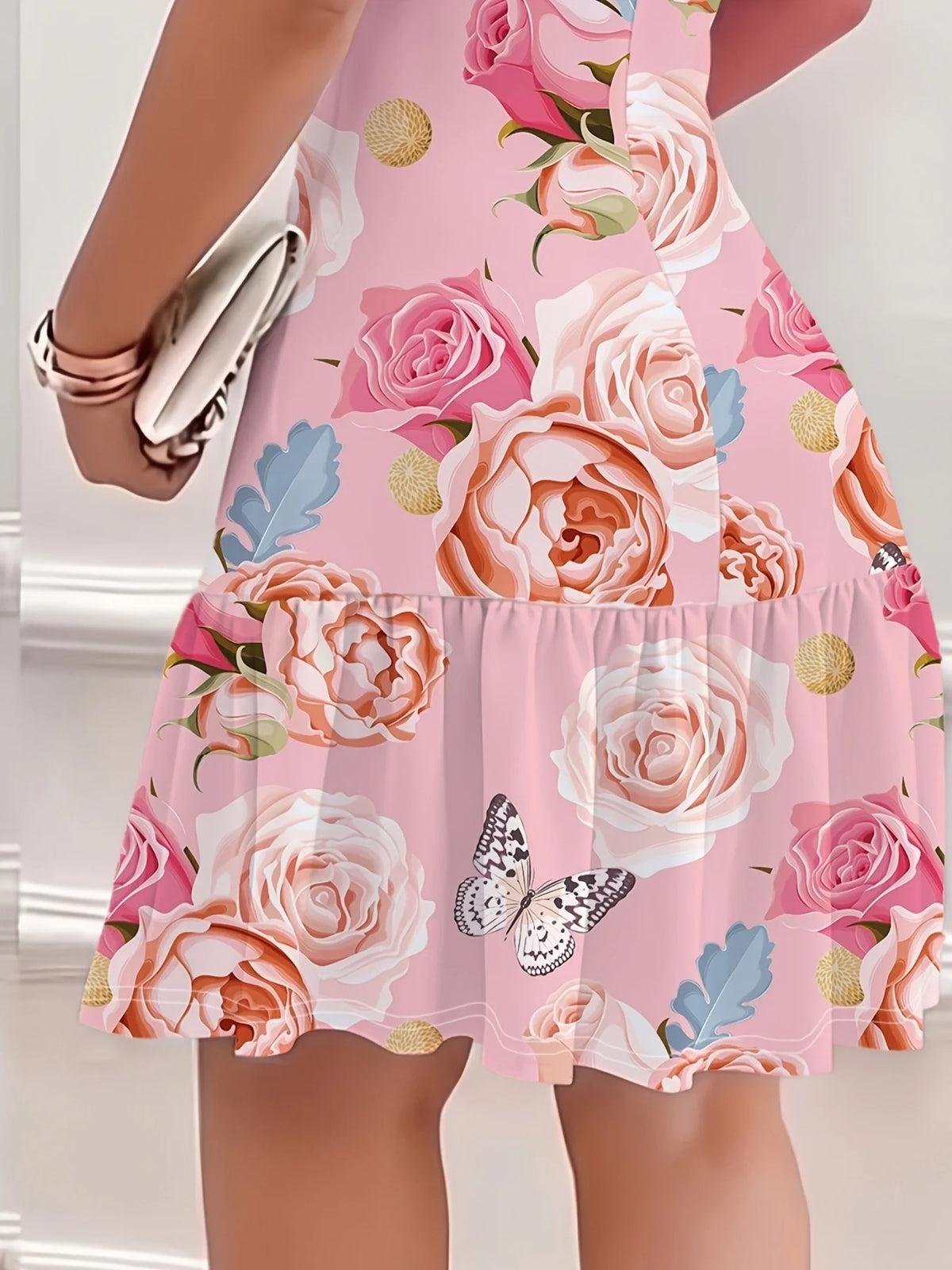 Plus Size Summer Dress Pink Rose Butterfly Print Short Sleeve Ruffle Hem A-line Casual Dress