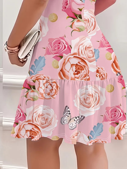 Plus Size Summer Dress Pink Rose Butterfly Print Short Sleeve Ruffle Hem A-line Casual Dress