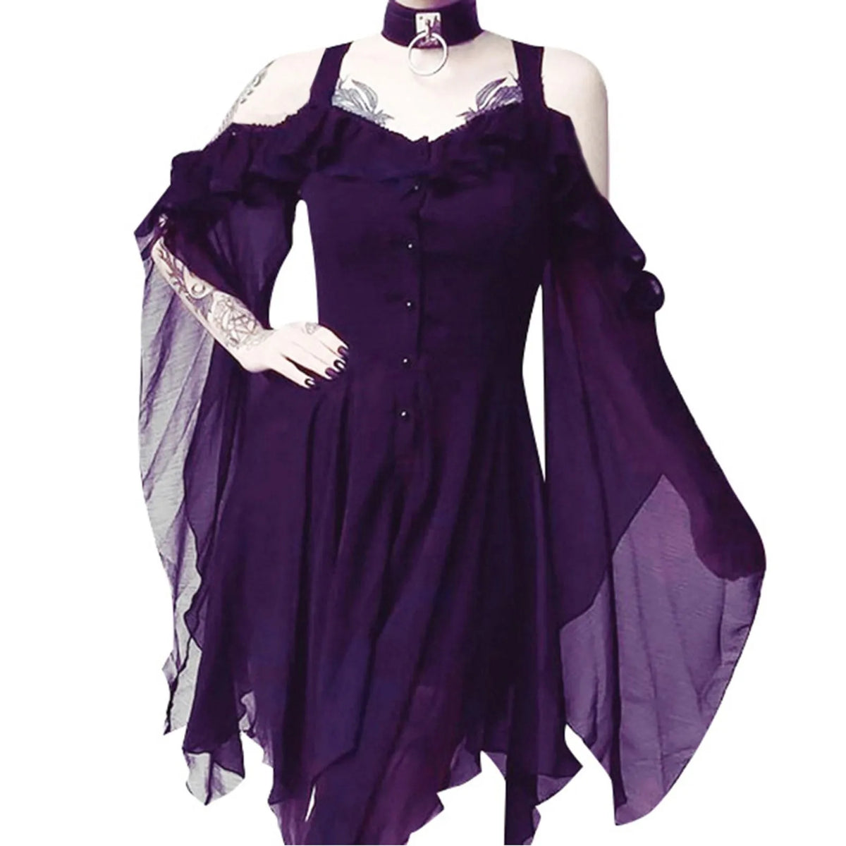 2024 Women Plus Size Fashion Dew Shoulder Gothic Ruffled Sling Dress Irregular Dress（S-5XL) Vintage Punk Harajuku Lolita Clothes