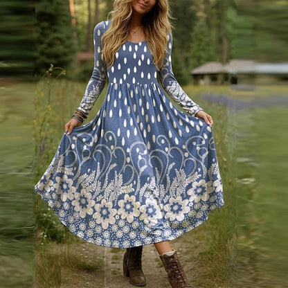 Plus Size Women Dress Boho O Neck Long Sleeve A-line Party Dresses For Women Spring Autumn Flower Printed Long Dress
