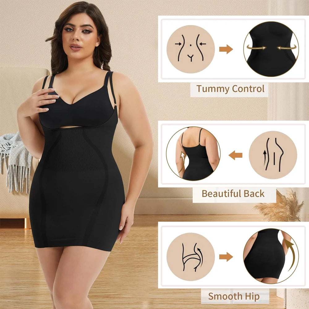 Plus Size Shapewear Dress for Women Tummy Control Open Bust Full Slip Under Dresses Body Shaper Slip Adjustable Strap New