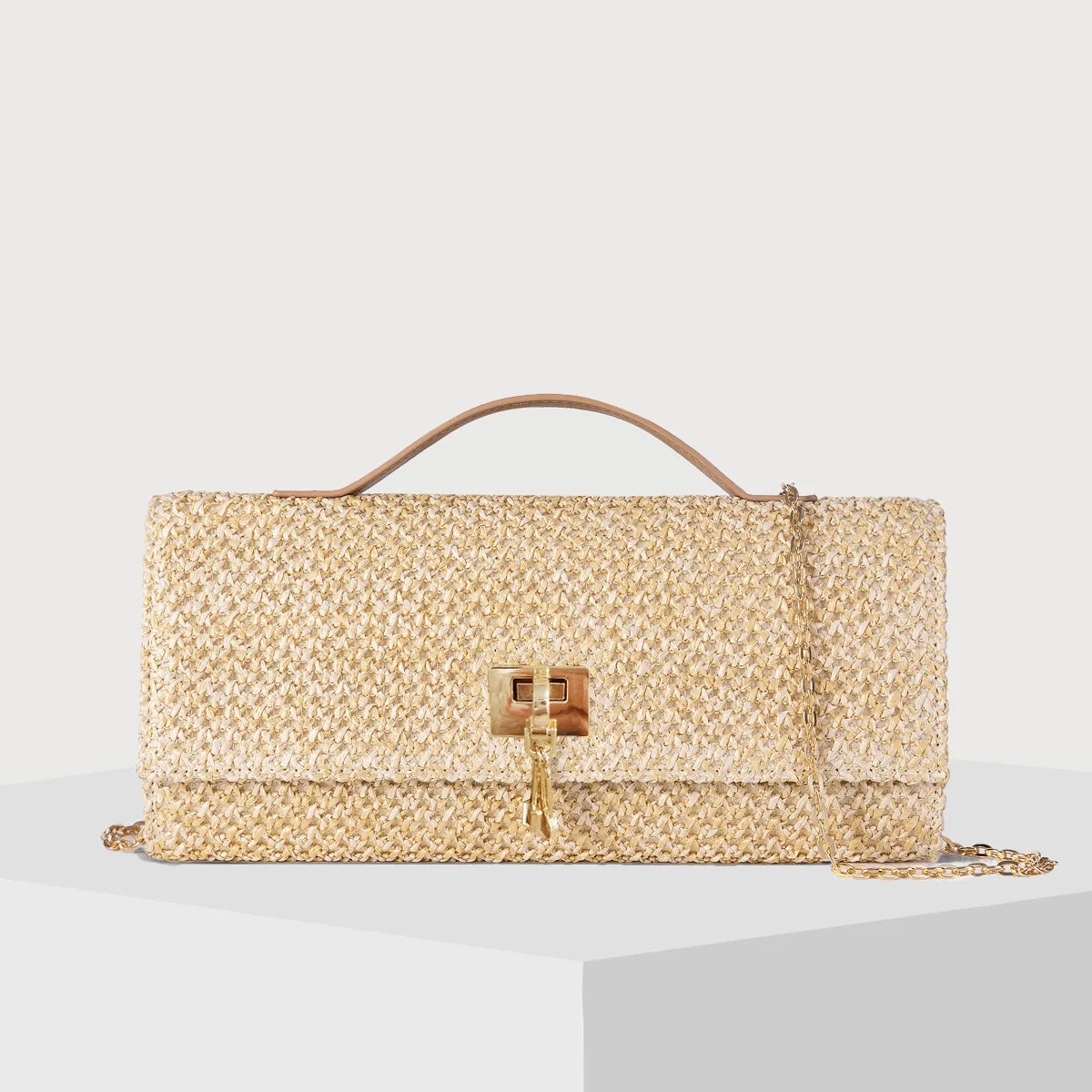 Straw Woven Clutch Bag with Top Handle, Gold Chain Crossbody Purse, Summer Beach Bag with Lock Closure for Women Party, Wedding