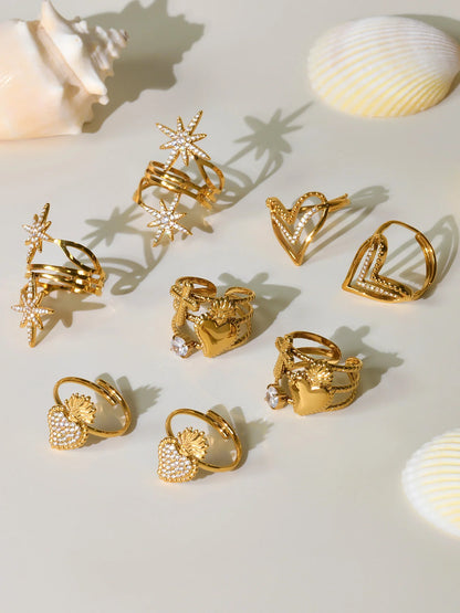 Cute Love Heart Rings for Women Waterproof Stainless Steel Gold-plated White Zirconia Ring Daily Jewelry Accessories