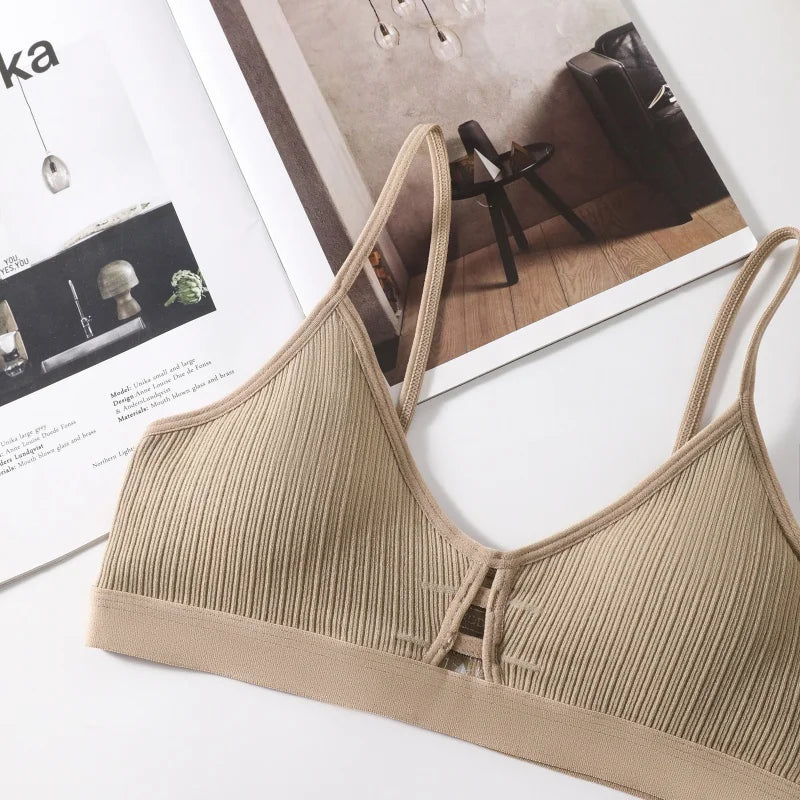 Women's Ribbed Hollow-Out Bralette Wireless Bra Breathable Padded Underwear Ladies Thin Strap Lingerie Daily Wear Sports Bras