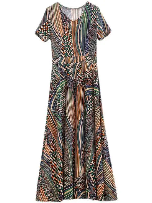 Women's Plus Size Print Dress Summer Mid-Age Mother Loose Long Flared Skirt Elegant Knee Length Dress