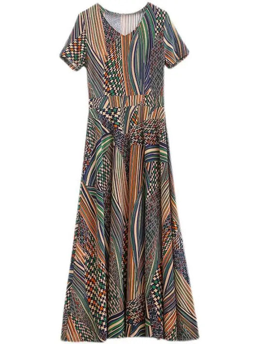 Women's Plus Size Print Dress Summer Mid-Age Mother Loose Long Flared Skirt Elegant Knee Length Dress