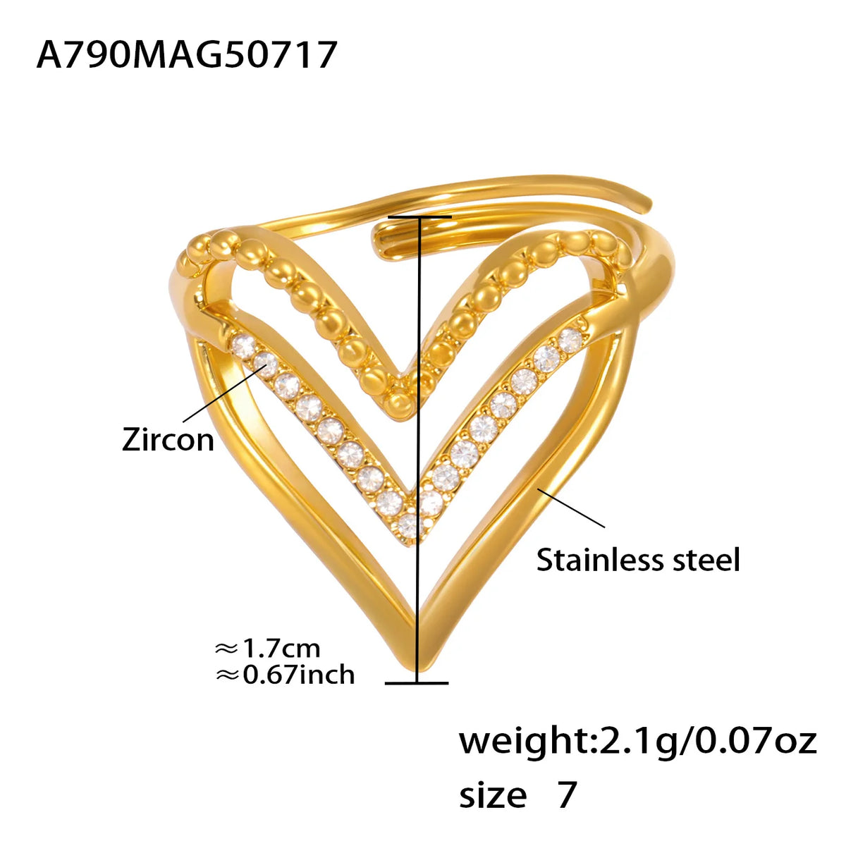 Cute Love Heart Rings for Women Waterproof Stainless Steel Gold-plated White Zirconia Ring Daily Jewelry Accessories