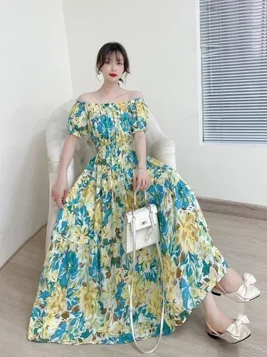 Women's Plus Size Bohemian Style Long Summer Dress for Women Floral Cotton Beach Round Neck Indian Clothing Vestido Robe Female