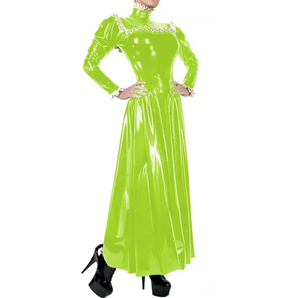 Plus Size Ladies Elegant Long Dress High Neck Ruched Trims Long Sleeved Vestidos Bodycon Back Zip Wetlook PVC Leather Ball Gowns