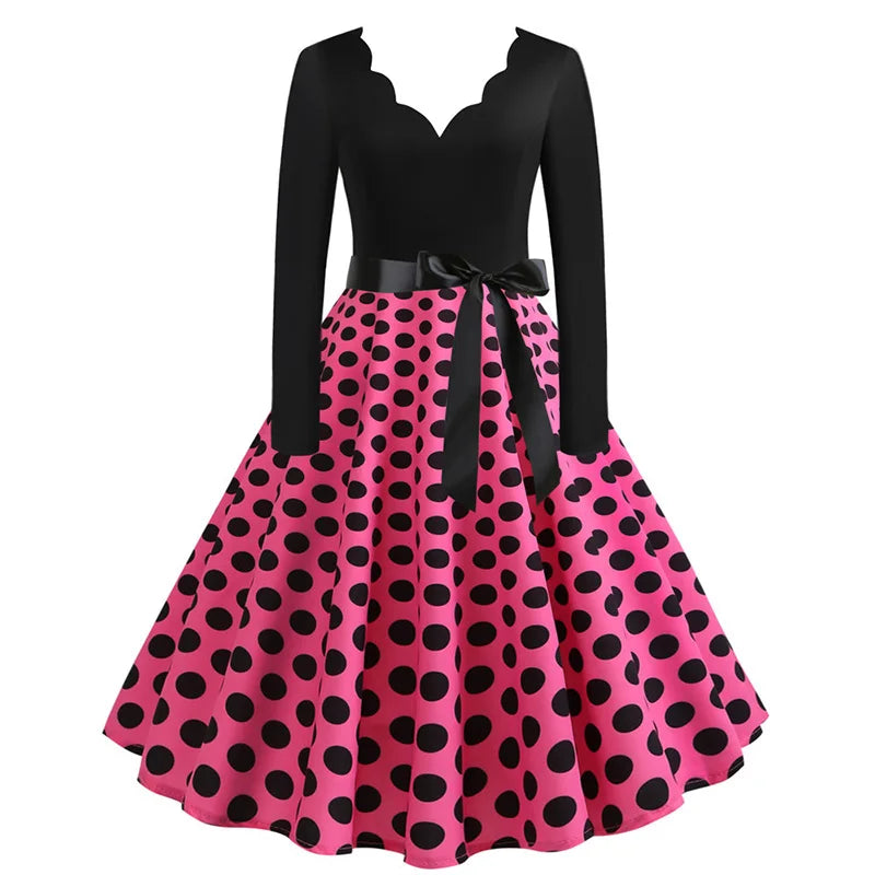 Plus Size Women Dress Vintage Long Sleeve Polka Dot Spring Autumn New Year Party Dresses 3XL Vestidos