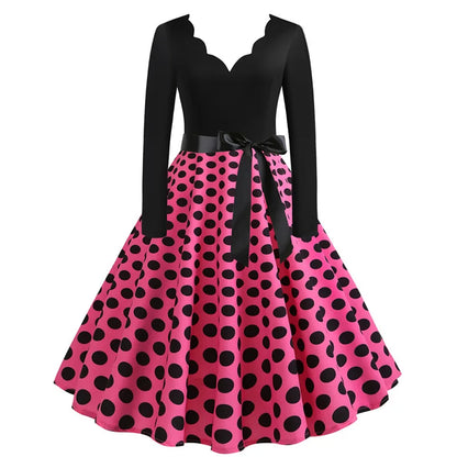 Plus Size Women Dress Vintage Long Sleeve Polka Dot Spring Autumn New Year Party Dresses 3XL Vestidos