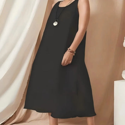 Plus Size Women's Black Sleeveless Loose Midi Dress - Casual Minimalist Comfort Style (0XL-4XL)