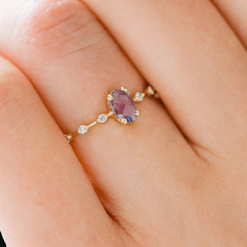 Romantic 18K Gold Plated Purple Crystal Ring for Women - Luxury Fashion Wedding Engagement Jewelry Gift in Sizes 6 7 8