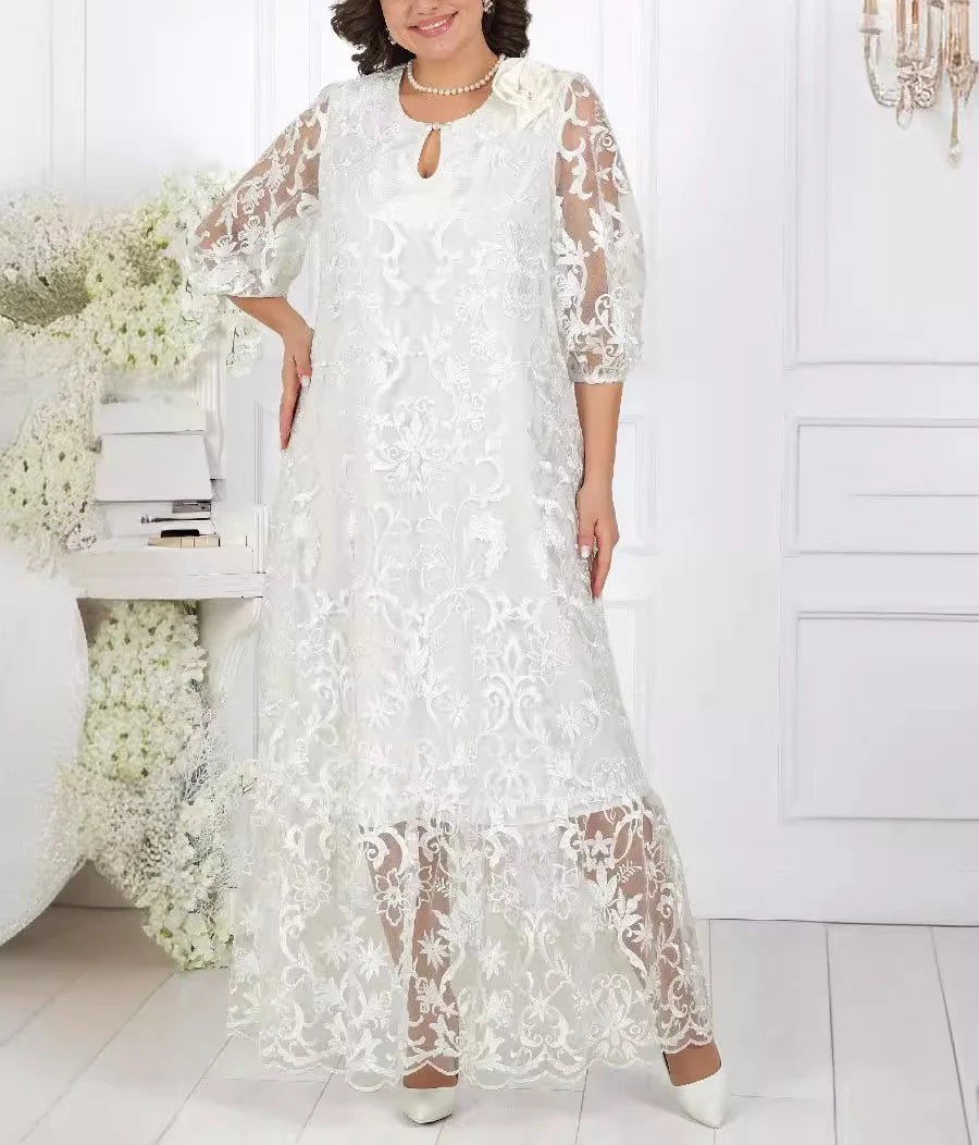 New Women's Elegant Lace Embroidery Cocktail Party Dresses Spring Plus Size Hollow Out Prom Gown Ladies Slim Formal Maxi Dress