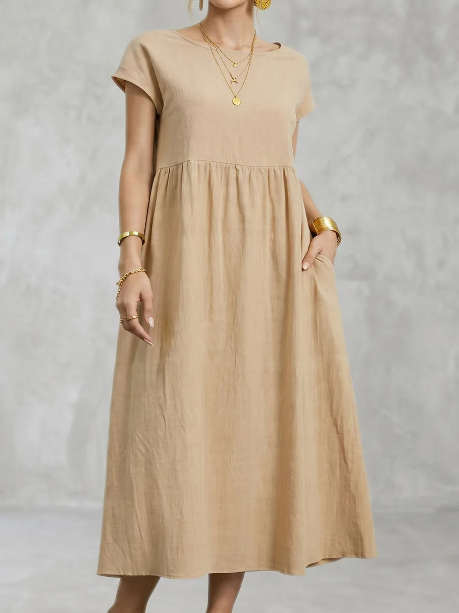 Women Plus Size A Line Midi Dress Round Neck Short Sleeve Solid Color Pleated High Waist Pockets Outfits Women's Casual Dresses