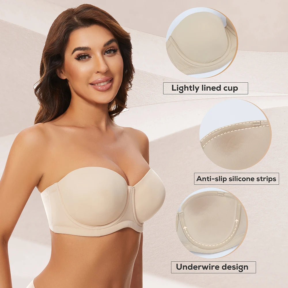 Sheroine Plus Size Strapless Bra Push Up Underwire Full Coverage Light-Padded Bras for Big Breasts Smooth & Comfort with Support
