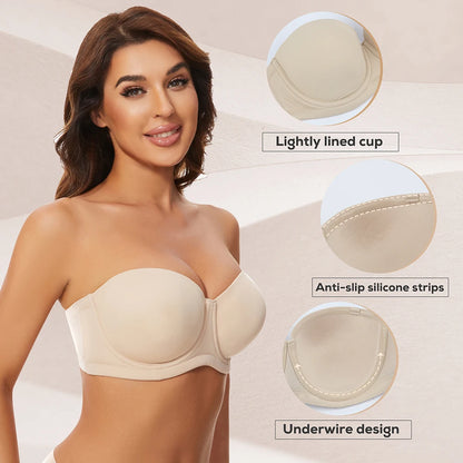Sheroine Plus Size Strapless Bra Push Up Underwire Full Coverage Light-Padded Bras for Big Breasts Smooth & Comfort with Support