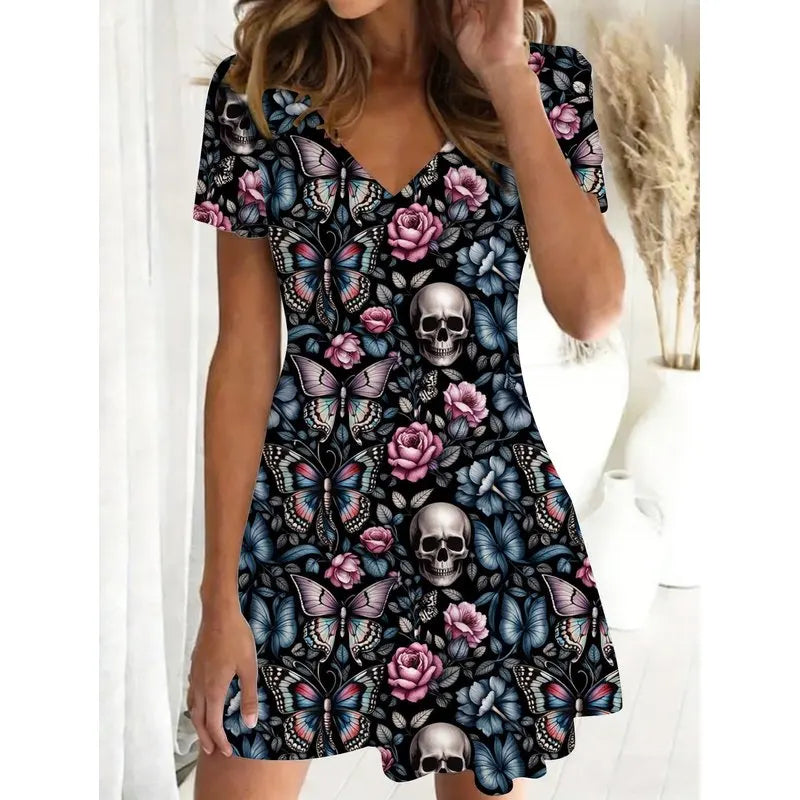 Plus-size Women's Maxi Dress Featuring a Gothic-style Skull, butterfly, and Floral Print.