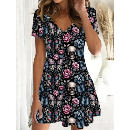 Plus-size Women's Maxi Dress Featuring a Gothic-style Skull, butterfly, and Floral Print.