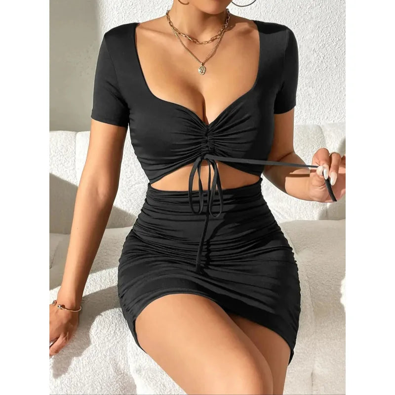 European and American fashion plus size women's sexy pleated design solid color hip hugging dress