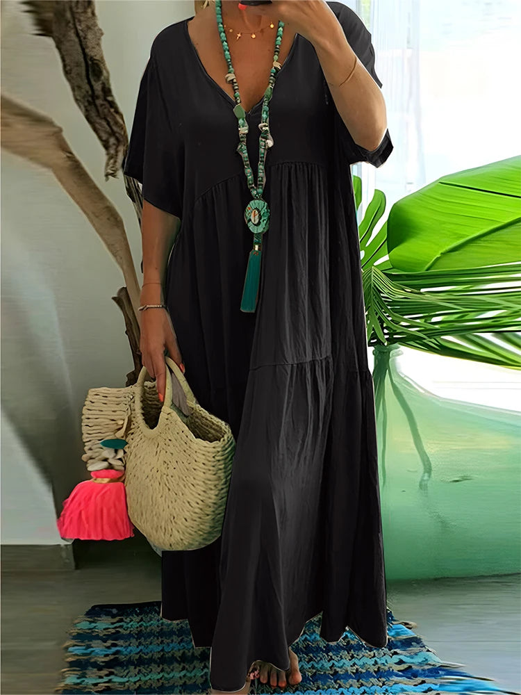 Plus-Size Women's Casual, Loose-Fitting, V-Neck Solid-Color Long Dress; Spring/Summer Pleated Plus-Size Women's Dress