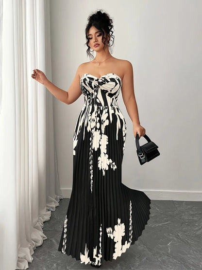 plus Size Elegant Dress Stylish Gracious Fashion Position Printing Gored Skirt Craft Pleated Skirt for Women