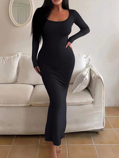 Plus Size Women's Long Slim Fit Dress with Square Neck Long Sleeves Extra Lengthy Tight Fitting Eveningwear
