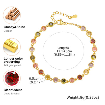 Luxury Colored Round Zircon Bracelet for Women,Gold Plated Zircon Chain Bracelets,Dainty Charm Jewelry Gift