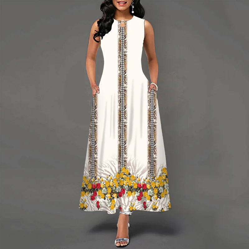Women Plus Size Casual Retro Long Dress with Pockets Floral Print Swing Dress