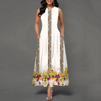 Women Plus Size Casual Retro Long Dress with Pockets Floral Print Swing Dress