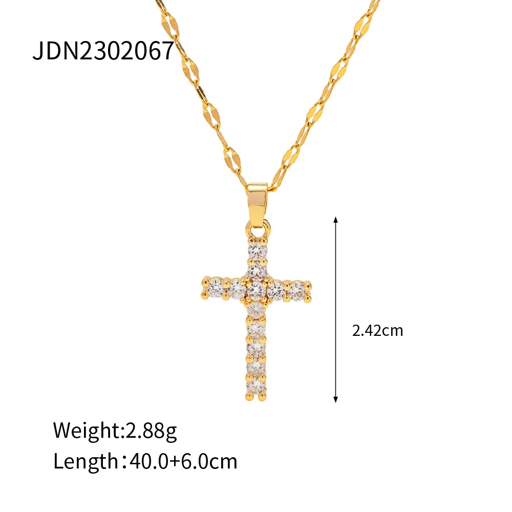 Youthway Stainless Steel 18K Gold Plated White Cubic Zirconia Cross Pendant Necklace Waterproof Trendy Jewelry Women New