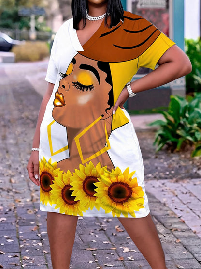 Plus Size Cartoon Woman & Flower Print Dress Casual V Neck Short Sleeve Dress For Spring & Summer Women's Plus Size Clothing