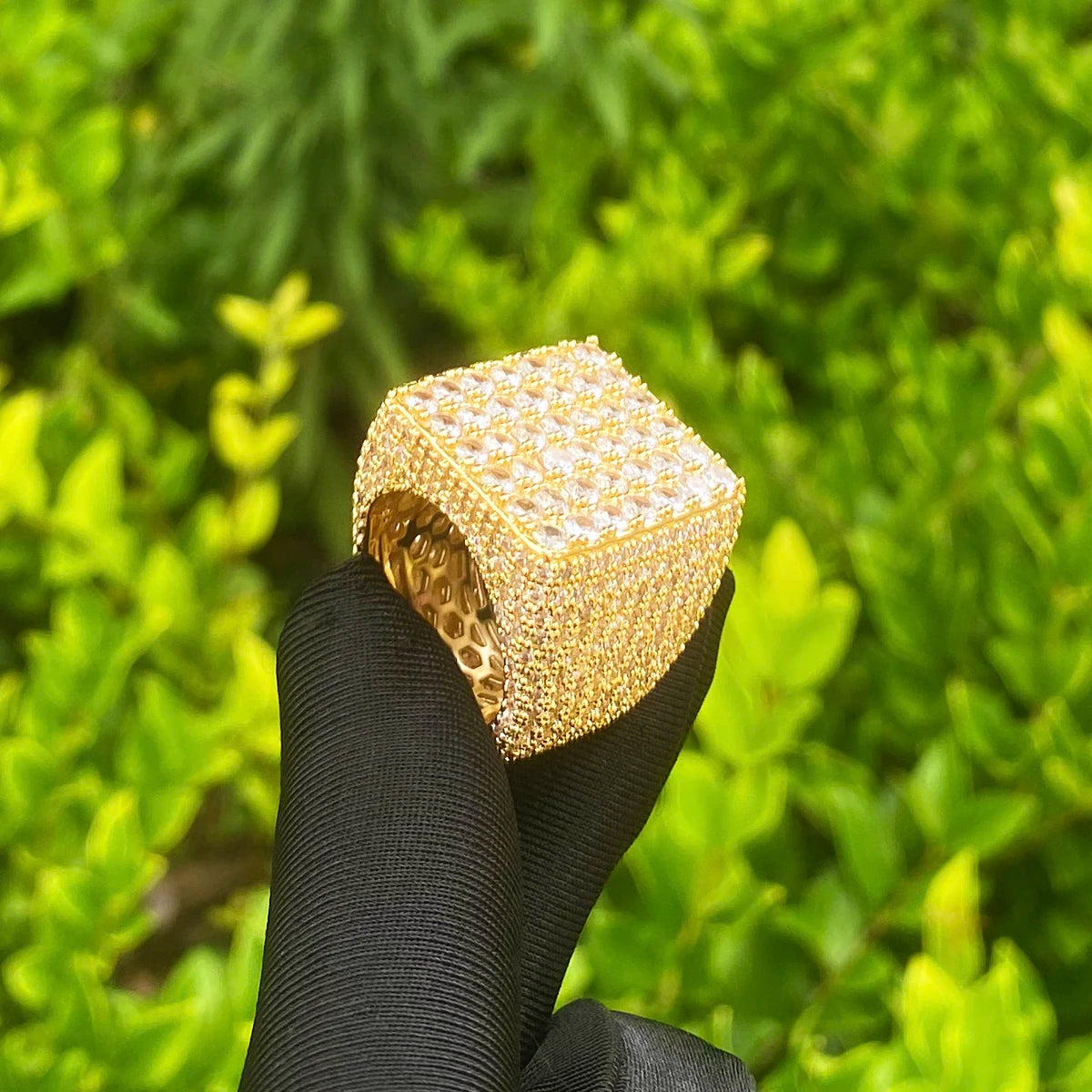 Aokaishen Iced Out Square Ring for Men Real Gold Plated Cubic Zirconia Hip Hop Jewelry