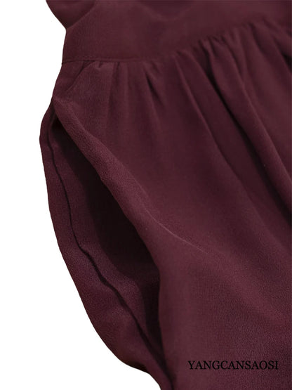 Plus Size Women's Casual Summer New Breathable 100% Natural Mulberry Silk Double Crepe Wine Red Round Neck Short Sleeved Dress