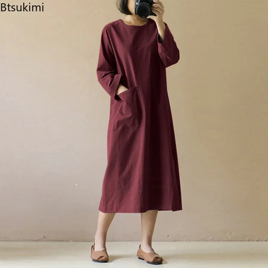 Plus Size Loose Cotton Linen Dress for Women Vintage Long Sleeve Mori Girl's Casual Dress with Pockets O-neck Modest Robe Femme