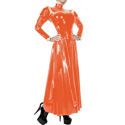 Plus Size Ladies Elegant Long Dress High Neck Ruched Trims Long Sleeved Vestidos Bodycon Back Zip Wetlook PVC Leather Ball Gowns