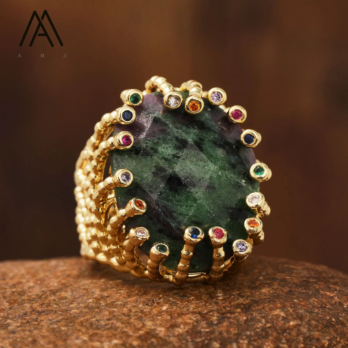 Luxury Vintage Gemstone Ring 18K Gold-Plated Women's Ring Natural Crystal Labradorite Rings Daily Wear Jewelry Gift Jewels
