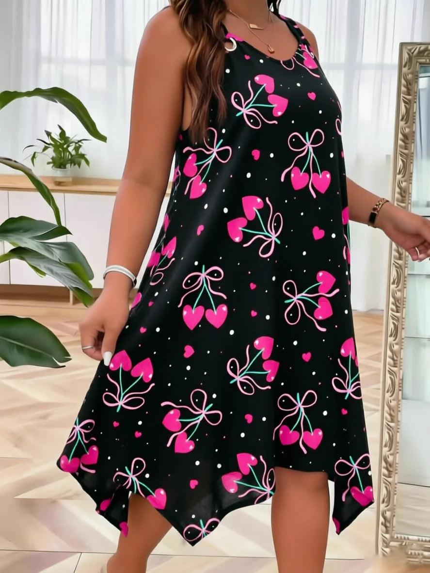 Plus Size Women Summer Dress Heart Cherry Print Sleeveless Casual Loose Irregular Hem Tank Dress Black