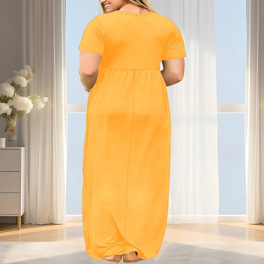 2024 New Women's Plus Size Casual Summer Dress - A-Line Short Sleeve Round Neck Maxi Dress, Machine Washable Solid Color Breatha