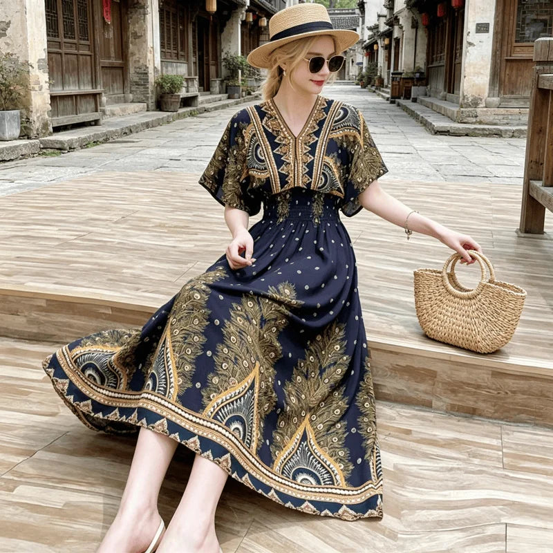 Plus Size Elegant Party Woman Midi Dresses Casual Retro Ethnic Style V-neck Tunic Large Swing Floral Printed Long Skirt Holiday