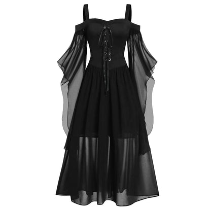 Womne Plus Size Halloween Dress Cold Shoulder Butterflies Sleeve Lace Up Gothic Style Costumes Retro Mesh Splicing Costume