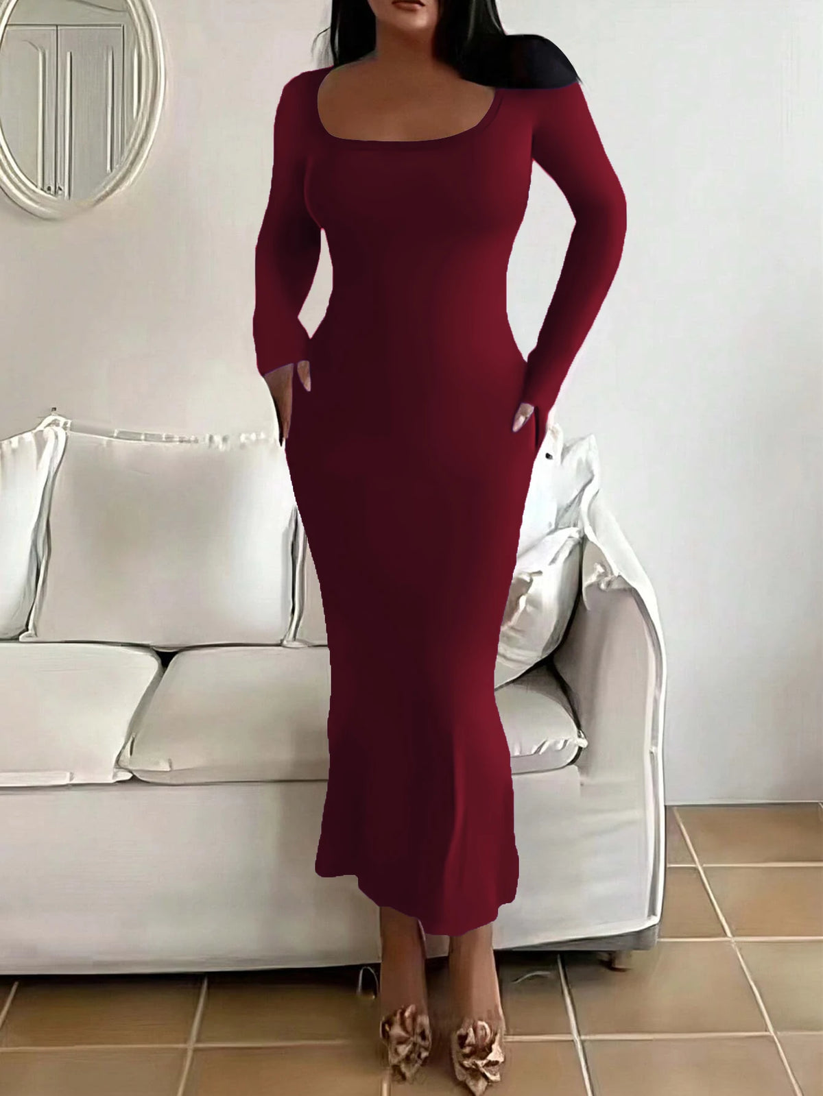Plus Size Women's Long Slim Fit Dress with Square Neck Long Sleeves Extra Lengthy Tight Fitting Eveningwear