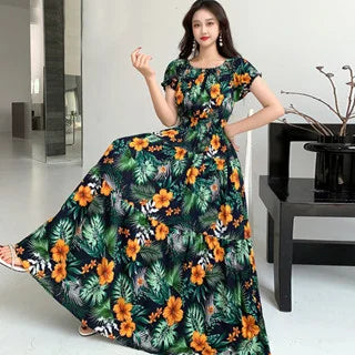 Women's Plus Size Bohemian Style Long Summer Dress for Women Floral Cotton Beach Round Neck Indian Clothing Vestido Robe Female