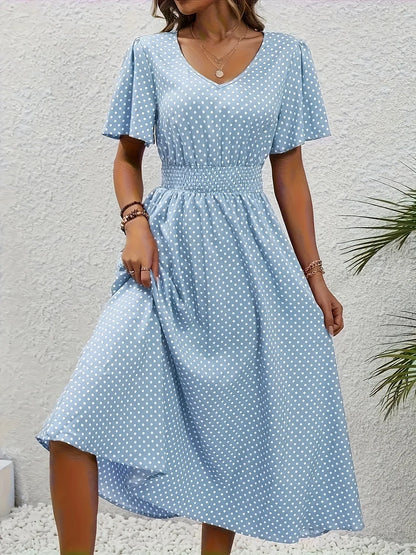 Plus Size 1XL-5XL Womens Summer V Neck Maxi Dress Short Sleeve Hollow Out Flowy Beach Dress Trendy Ruffle Hem A-Line Dresses