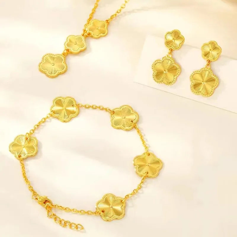 Real Gold 18 K Color Flower Shape Pendant Bracelet Necklace for Women Engagement Birthday Valentine's Day Jewelry Set Gifts