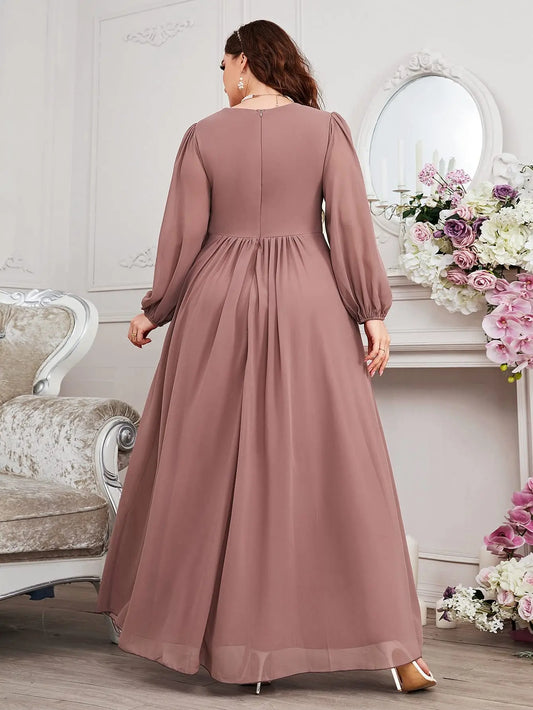 Plus Size Women V-Neck Long Sleeve Chiffon Dress Waistline Pleated Lantern Sleeve Decorated Bead Strip Long Gown Evening Dress
