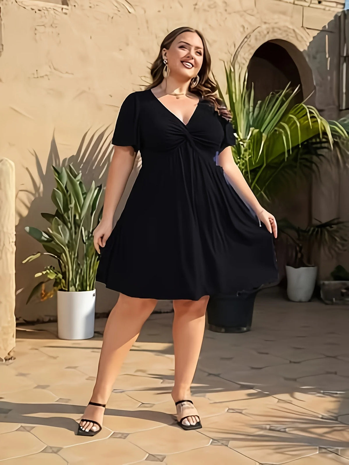 Women's Plus Size Casual Mini Dress Deep V Neck Twisted Bust Short Sleeve A Line Flared Dress Summer Vacation Beach Sundress For
