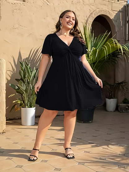 Women's Plus Size Casual Mini Dress Deep V Neck Twisted Bust Short Sleeve A Line Flared Dress Summer Vacation Beach Sundress For